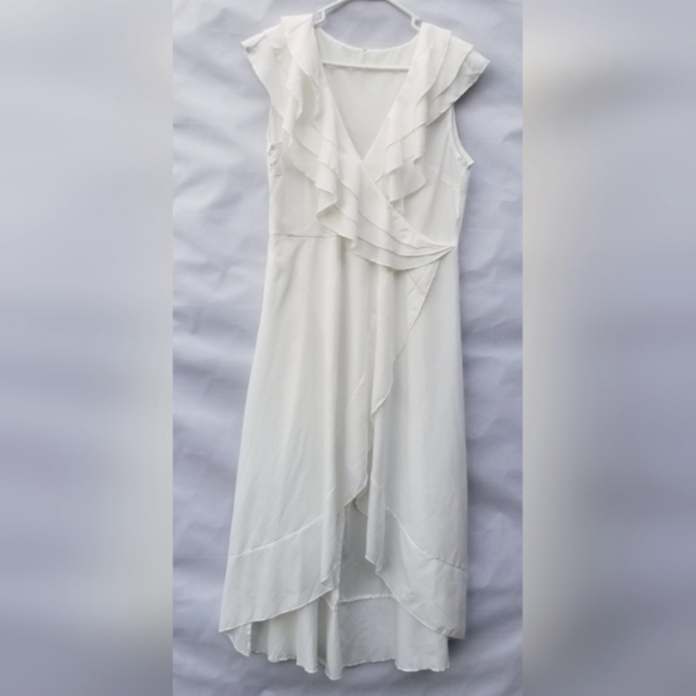 Womans High Low Dress Size L White Deep V Neck Boho Ruffle Hem Split Side Zip